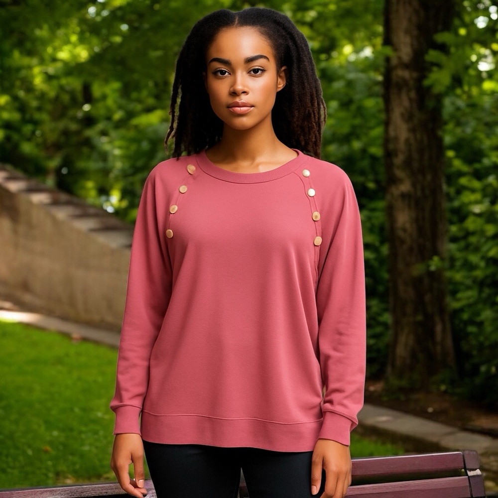 Chico’s Pink Coral Button-Detail Women's Top long sleeve Sz 1 Medium Pima Cotton